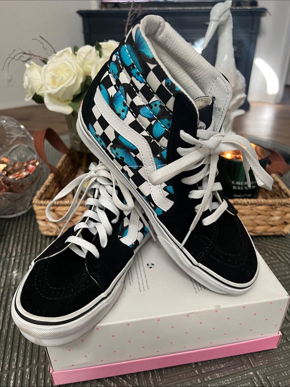 Vans Black Suede High-Top Sneakers with Blue Butterflies and black Checkerboard